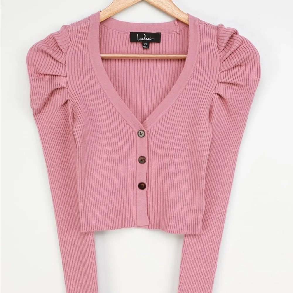 LULUS At First Crush Mauve Pink Puff Shoulder Cropped Cardigan Sweater - Picture 5 of 10